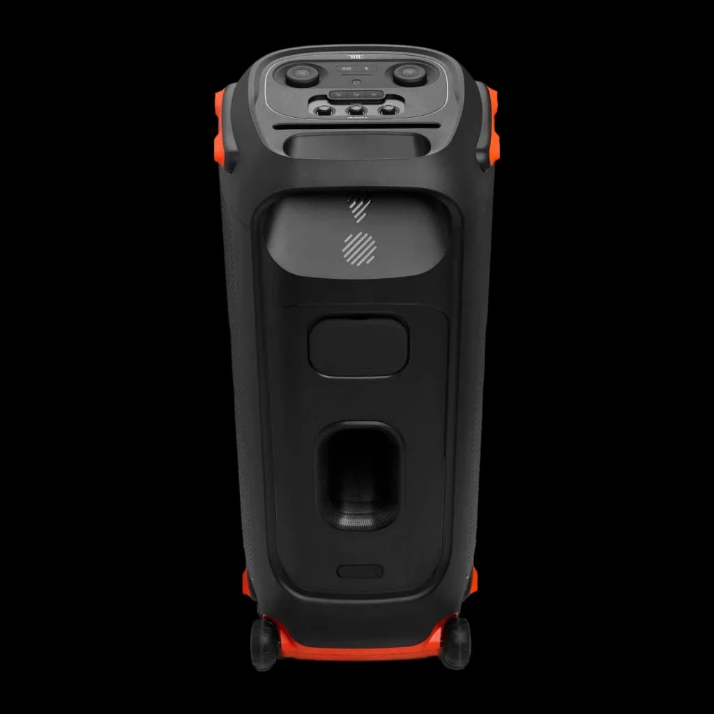 Altavoz para fiestas JBL PartyBox 710 800W Bluetooth 5.1, vista trasera: panel de conexiones, bass reflex y ruedas naranjas