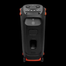 Altavoz para fiestas JBL PartyBox 710 800W Bluetooth 5.1, vista trasera: panel de conexiones, bass reflex y ruedas naranjas