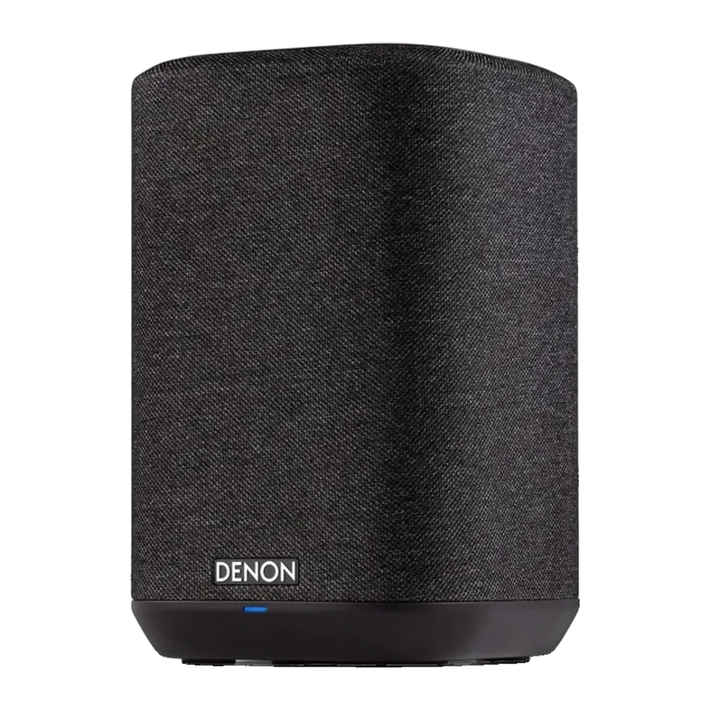 Altavoz inalámbrico Denon Home 150 Bluetooth, WiFi, AirPlay Negro, vista frontal: rejilla textil negra, logo Denon y LED
