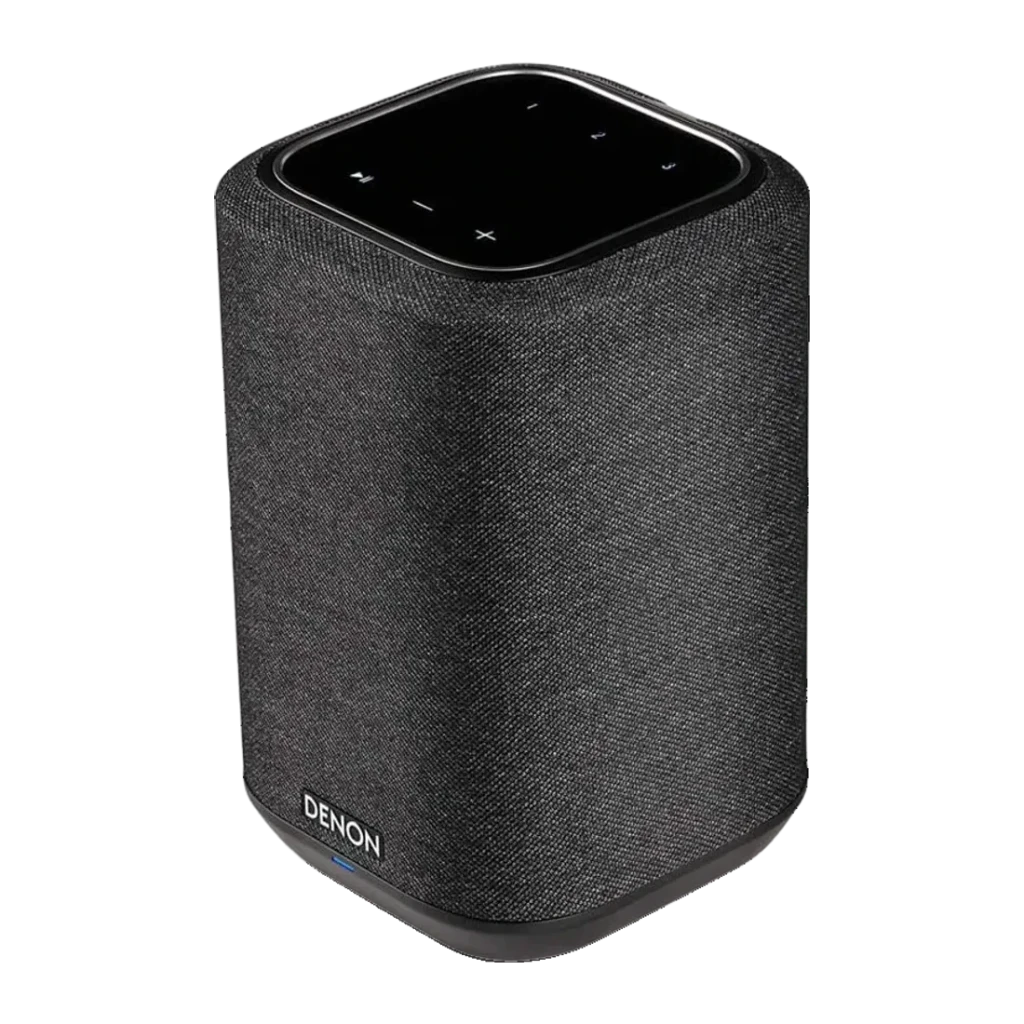 Altavoz inalámbrico Denon Home 150 Bluetooth, WiFi, AirPlay Negro, vista en ángulo: tela gris, panel táctil superior y logo