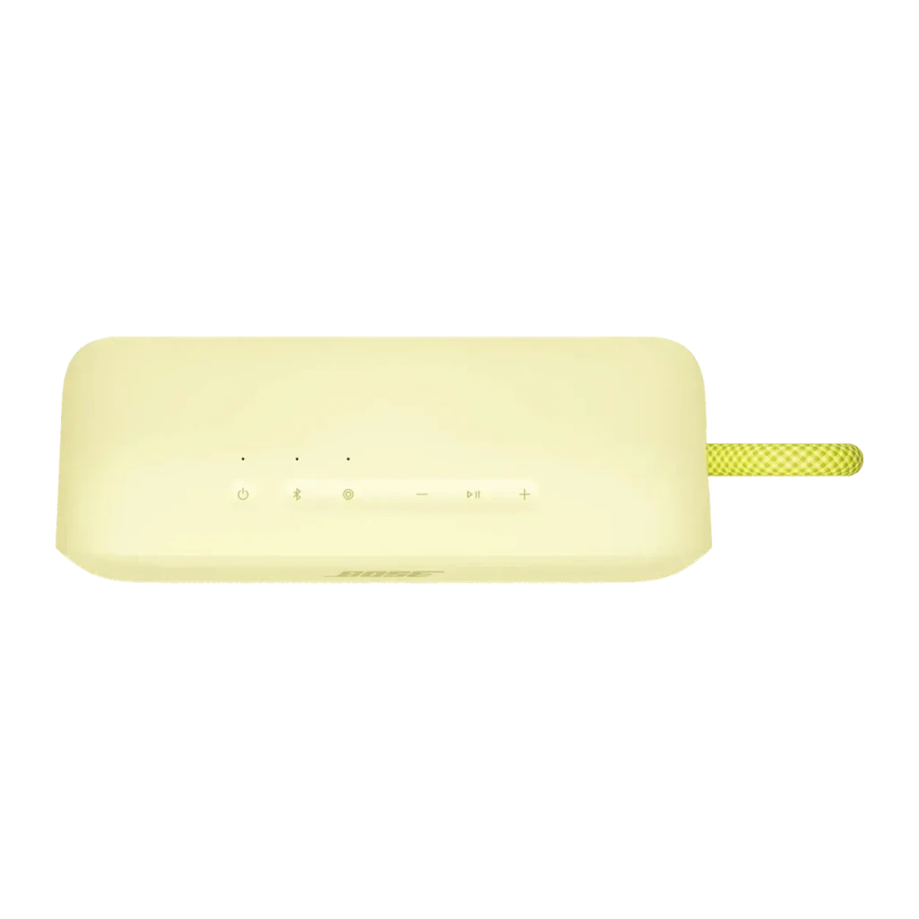 Enceinte portable Bose SoundLink Plus IP67 20h Bluetooth 5.4 Jaune, vue du dessus: panneau de boutons et dragonne tressée