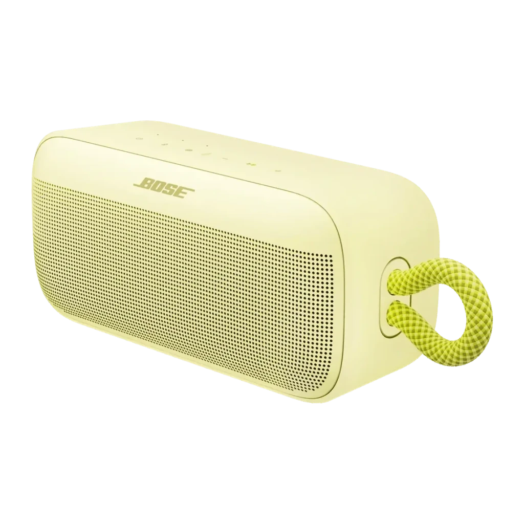 Enceinte portable Bose SoundLink Plus IP67 20h Bluetooth 5.4 Jaune, vue en angle: grille avant, boutons supérieurs