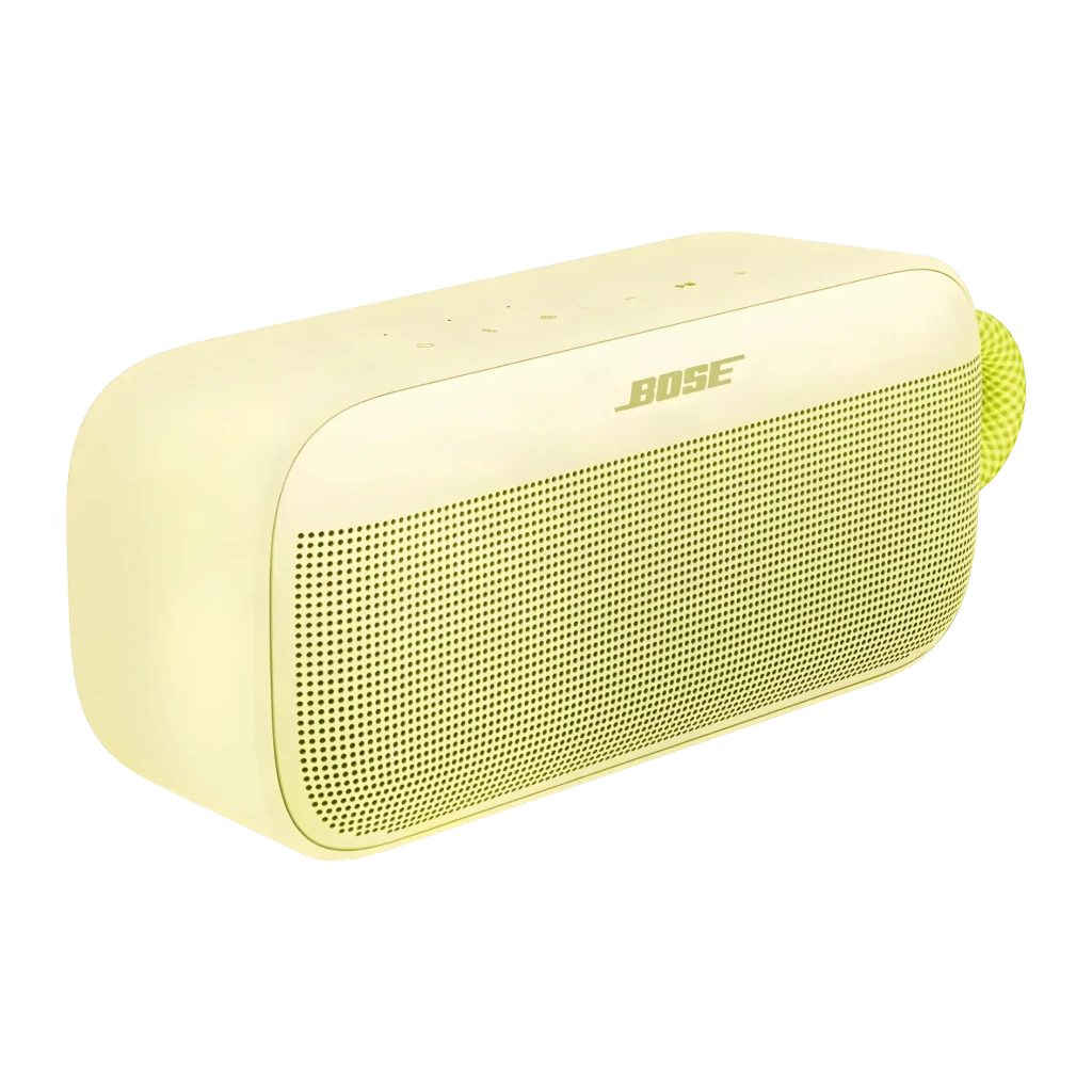 Enceinte portable Bose SoundLink Plus IP67 20h Bluetooth 5.4 Jaune, vue en angle: grille avant, logo Bose et poignée