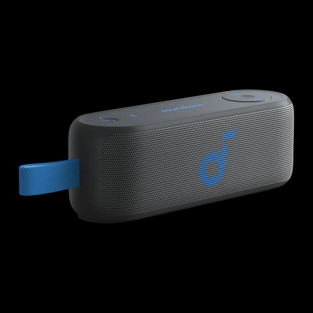 Altavoz portátil Anker Soundcore Select 3 IPX7 16W 20h Negro, vista frontal en ángulo: rejilla metálica, logo azul y asa