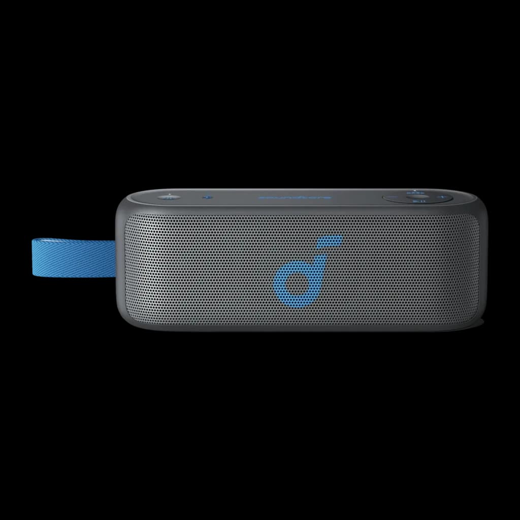 Altavoz portátil Anker Soundcore Select 3 IPX7 16W 20h Negro, vista frontal: rejilla gris con logo azul y correa azul lateral