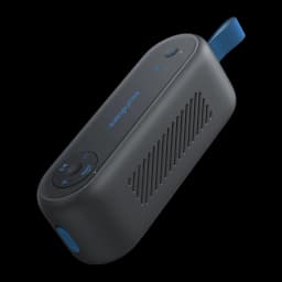 Altavoz portátil Anker Soundcore Select 3 IPX7 16W 20h Negro, vista diagonal: rejilla lateral, botón Bass Up y correa azul