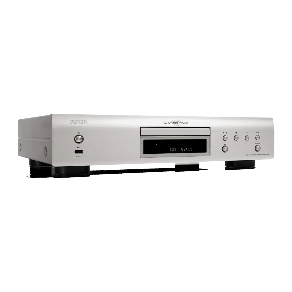 Denon DCD-900NE DSD Reproductor de CD 24bit/192kHz, vista frontal en ángulo: panel plateado con lector, display y botones