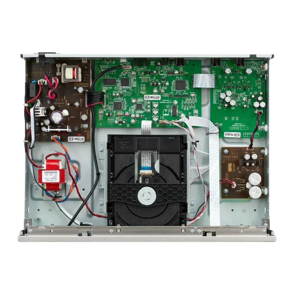 Denon DCD-900NE DSD Reproductor de CD 24bit/192kHz, interior: placa principal, transformador y mecanismo lector vistos desde