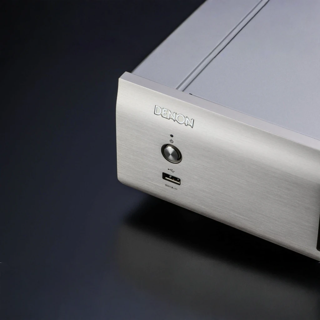 Denon DCD-900NE DSD Reproductor de CD 24bit/192kHz, en uso: detalle frontal con botón de encendido y puerto USB en chasis