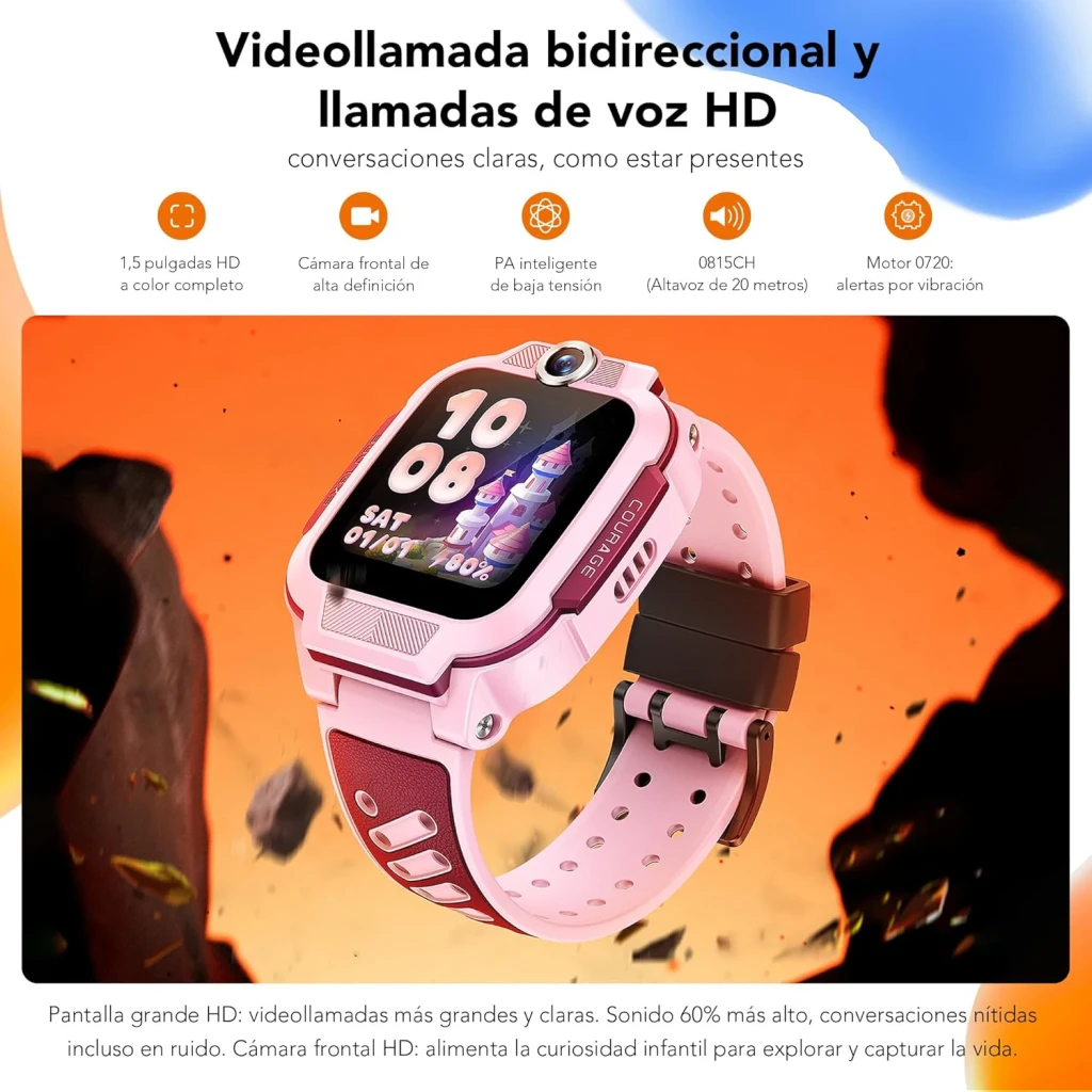 imoo Watch Phone Z3 4G Azul Chamadas SOS GPS Resistente à Água, em uso: ecrã HD ligado com hora e câmara frontal visível
