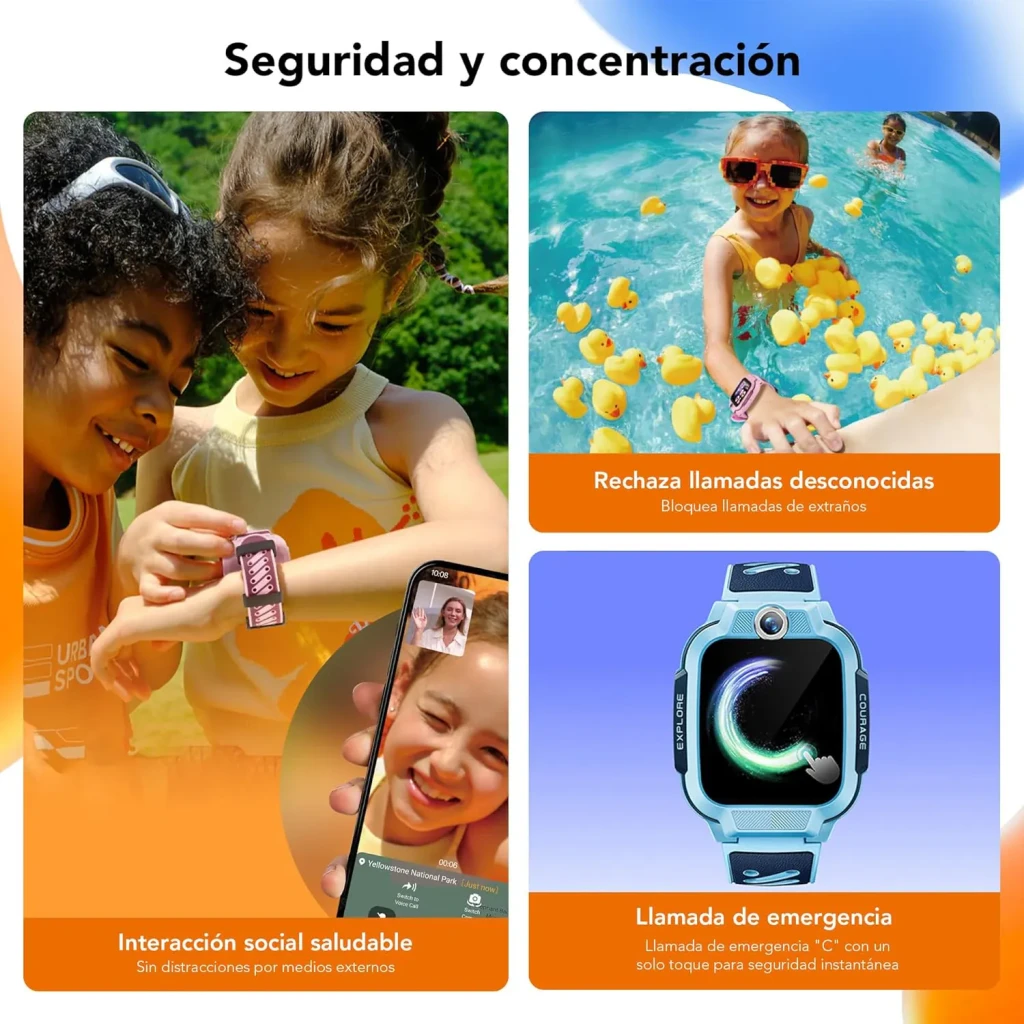 imoo Watch Phone Z3 4G Azul Chamadas SOS GPS Resistente à Água, em uso: crianças com relógio ao ar livre, piscina e ecrã SOS