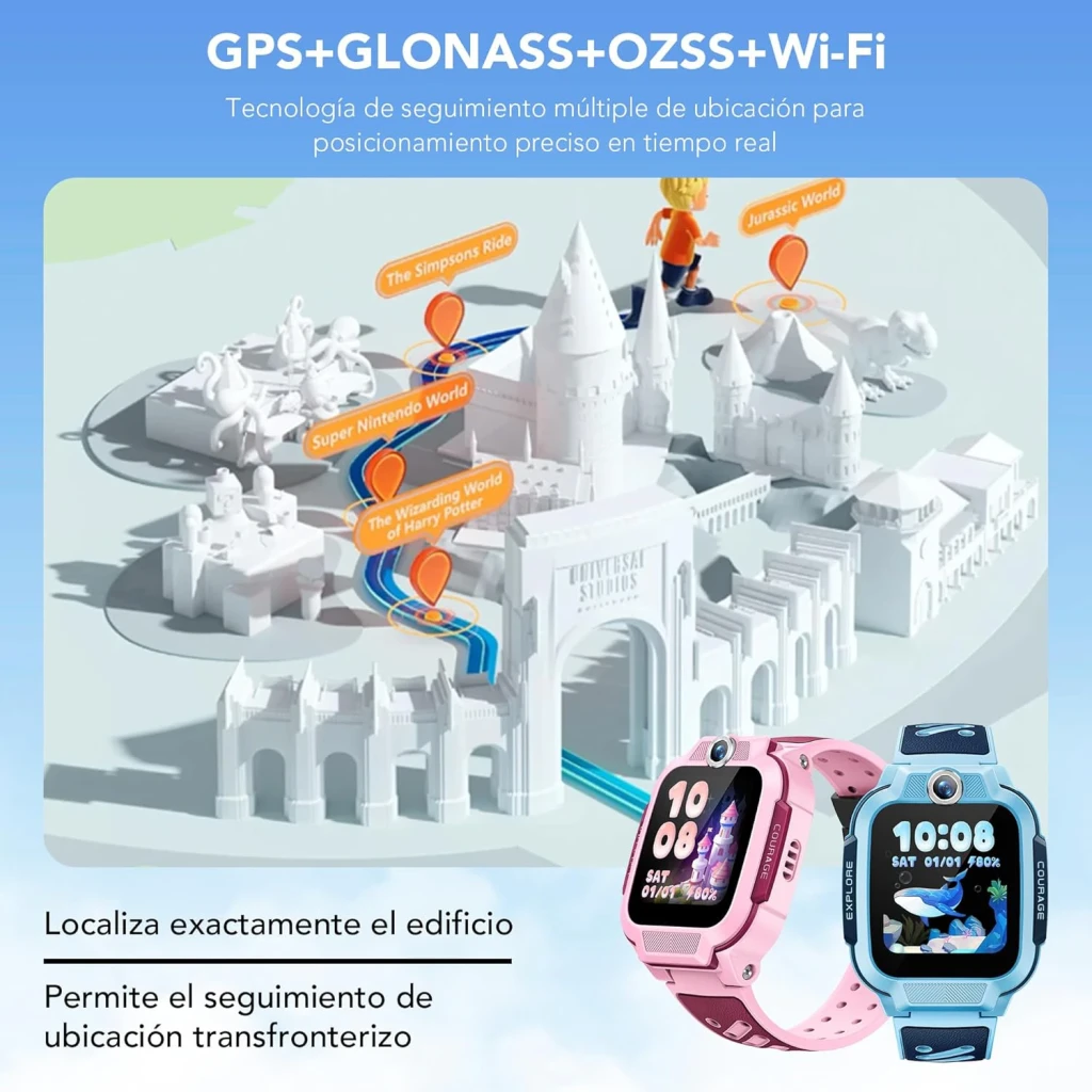 imoo Watch Phone Z3 4G Azul Chamadas SOS GPS Resistente à Água, em uso: infográfico GPS+GLONASS com mapa 3D e relógio azul