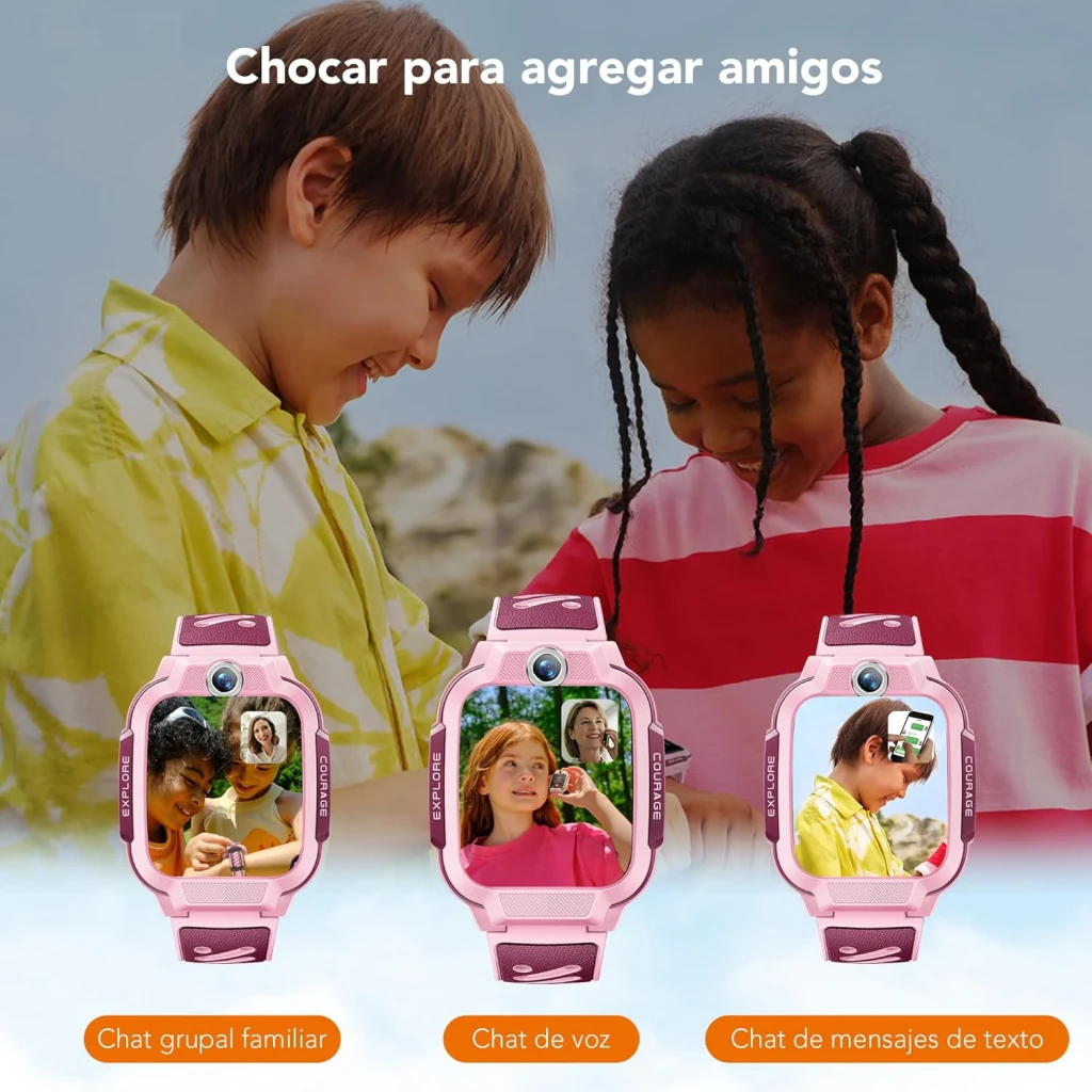 imoo Watch Phone Z3 4G Azul Chamadas SOS GPS Resistente à Água, em uso: duas crianças chocando relógios para adicionar