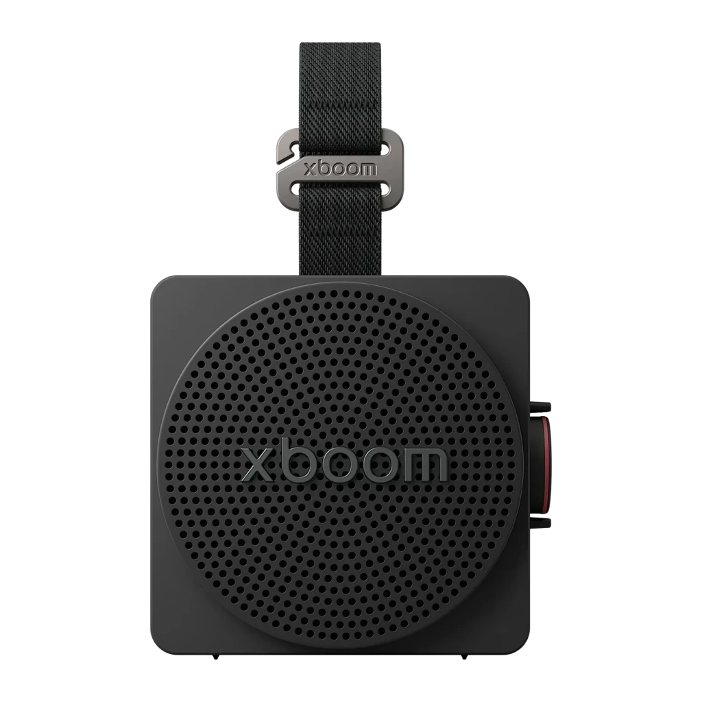 Altavoz portátil LG XBoom Mini by will.i.am IP67 5W 10h Negro, vista frontal: rejilla circular, logo xboom y correa textil