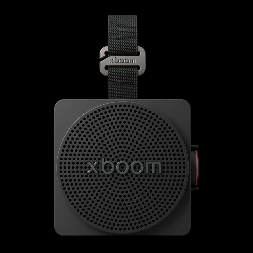 Altavoz portátil LG XBoom Mini by will.i.am IP67 5W 10h Negro, vista frontal: rejilla circular, logo xboom y correa textil
