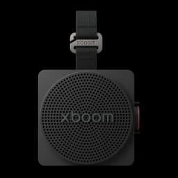 Altavoz portátil LG XBoom Mini by will.i.am IP67 5W 10h Negro, vista frontal: rejilla circular, logo xboom y correa textil
