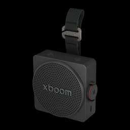 Altavoz portátil LG XBoom Mini by will.i.am IP67 5W 10h Negro, vista frontal en ángulo: rejilla circular, correa y botón
