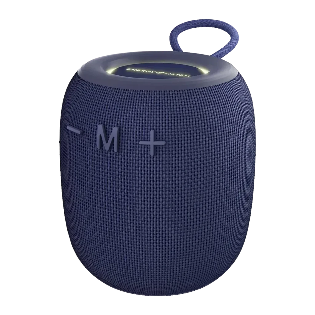 Coluna Energy Sistem Bloom IPX6 10W 18h Bluetooth 5.3, vista frontal: corpo azul em tecido, botões M +/- e alça superior