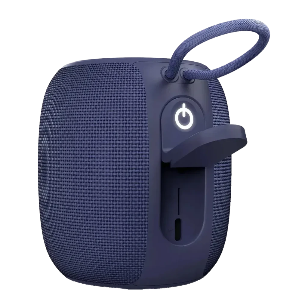 Coluna Energy Sistem Bloom IPX6 10W 18h Bluetooth 5.3, lateral: botão de energia iluminado e alça de transporte azul