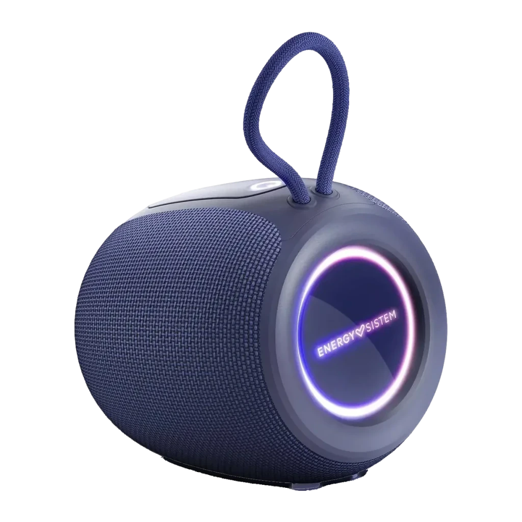 Coluna Energy Sistem Bloom IPX6 10W 18h Bluetooth 5.3, vista lateral: anel LED iluminado, tecido azul e alça de transporte