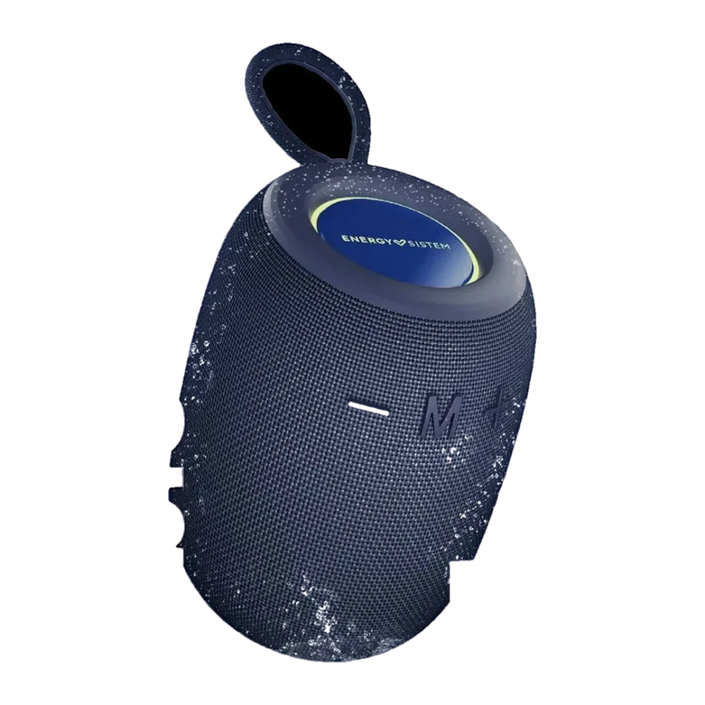 Coluna Energy Sistem Bloom IPX6 10W 18h Bluetooth 5.3, vista lateral: tecido azul salpicado, botões M +/- e argola