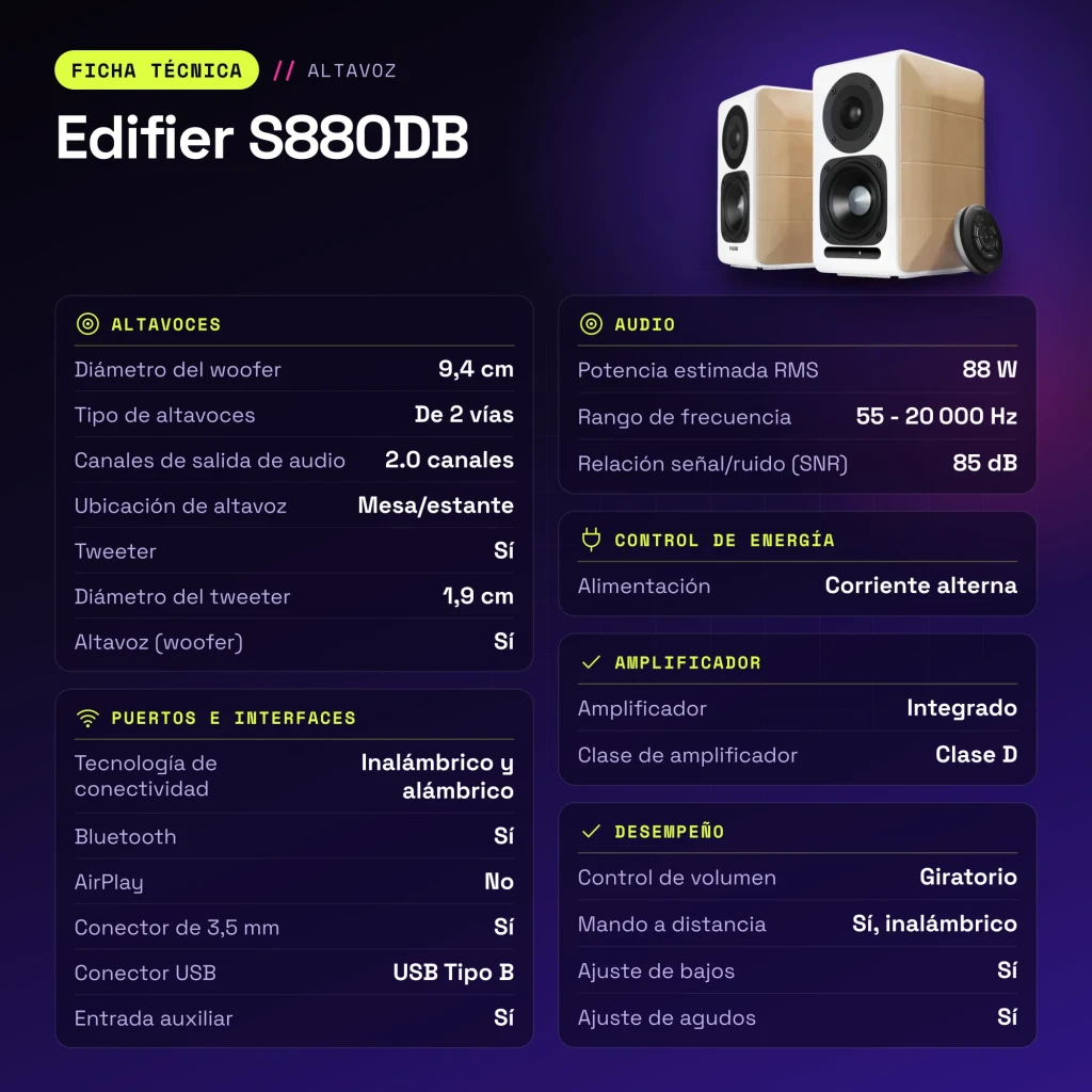 Enceintes bibliothèque Edifier 88W Bluetooth Blanc S880DB - caractéristiques