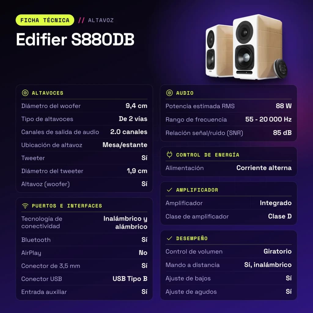 Enceintes bibliothèque Edifier 88W Bluetooth Blanc S880DB - caractéristiques