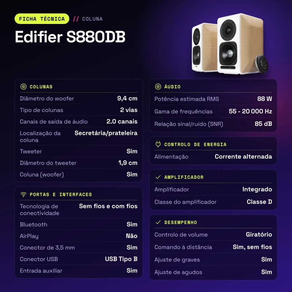 Enceintes bibliothèque Edifier 88W Bluetooth Blanc S880DB - caractéristiques