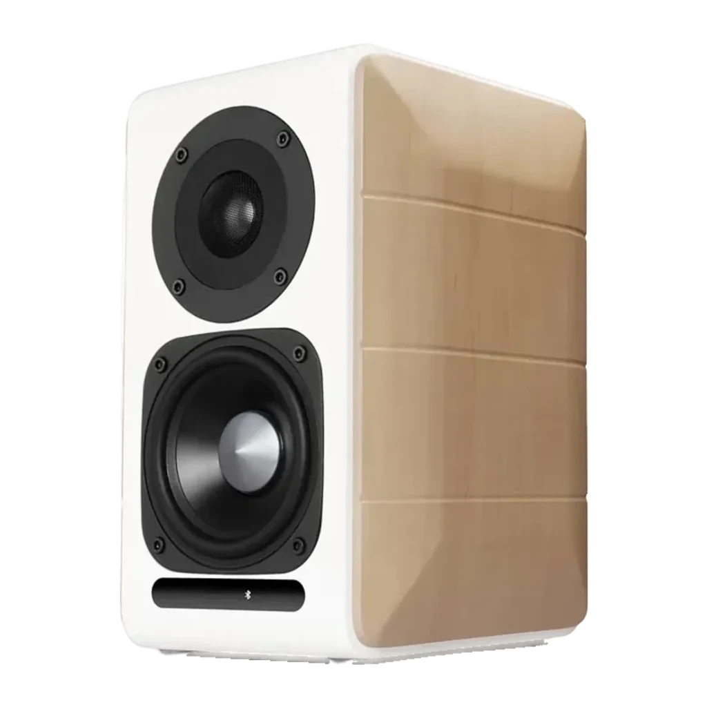 Enceintes bibliothèque Edifier 88W Bluetooth Blanc S880DB, vue latérale: tweeter, woofer et panneau bois laqué