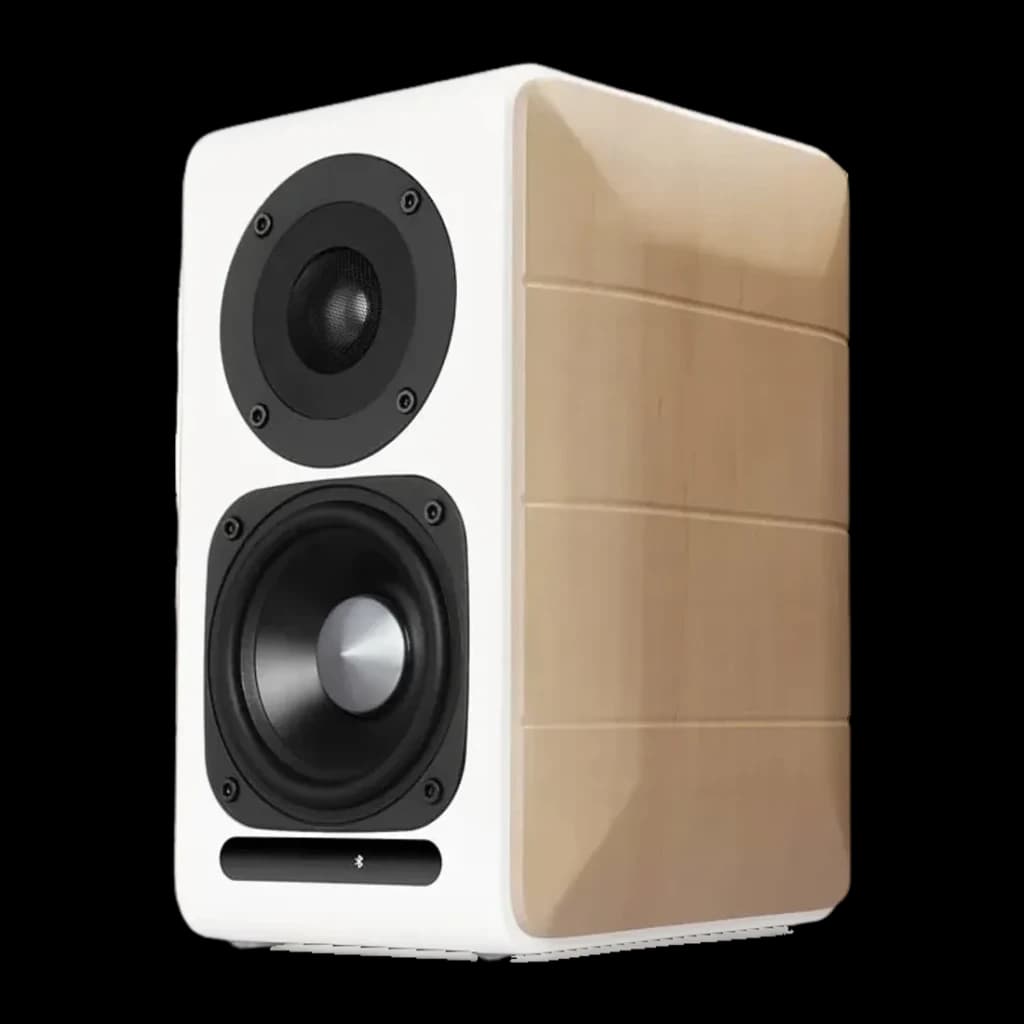 Enceintes bibliothèque Edifier 88W Bluetooth Blanc S880DB, vue latérale: tweeter, woofer et panneau bois laqué
