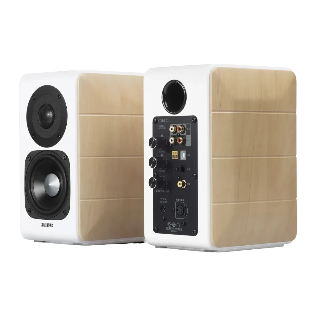Enceintes bibliothèque Edifier 88W Bluetooth Blanc S880DB, vue avant et arrière: tweeter, woofer et panneau de connexions