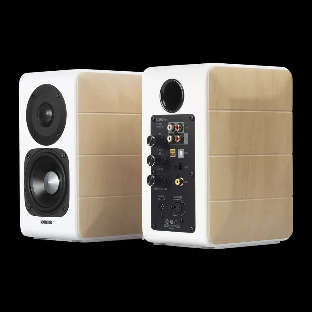Enceintes bibliothèque Edifier 88W Bluetooth Blanc S880DB, vue avant et arrière: tweeter, woofer et panneau de connexions