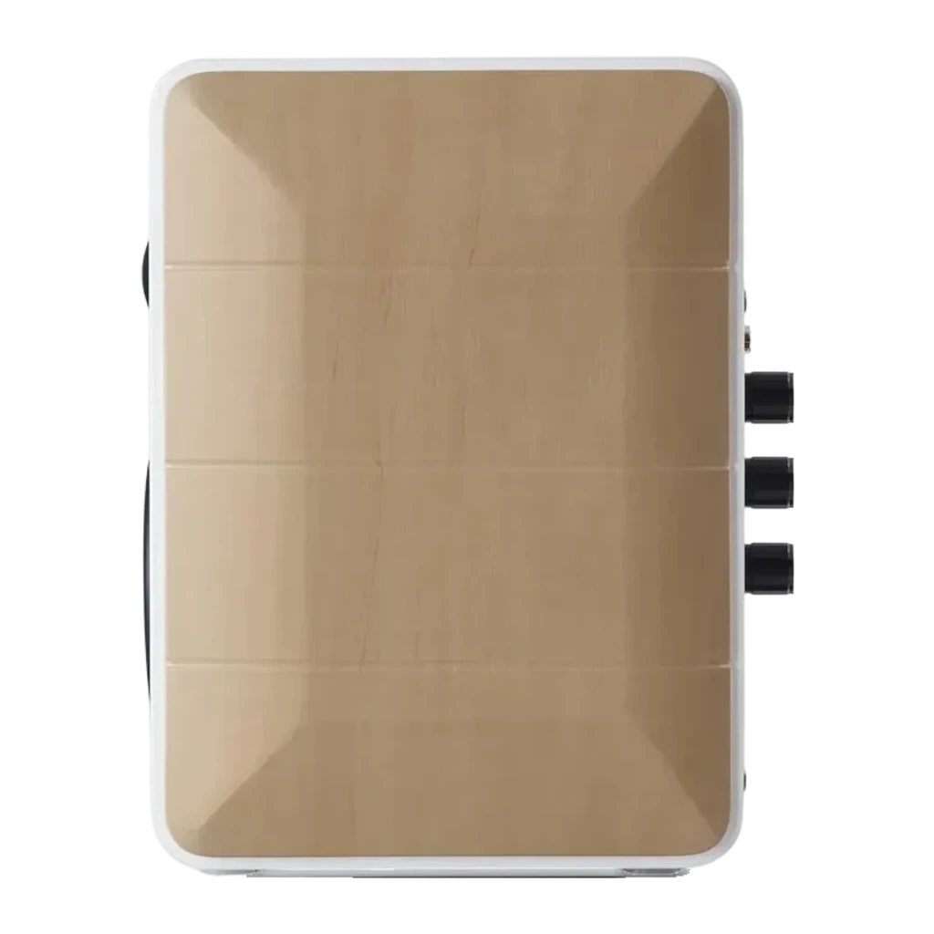 Enceintes bibliothèque Edifier 88W Bluetooth Blanc S880DB, vue du dessus: panneau bois et trois boutons latéraux noirs