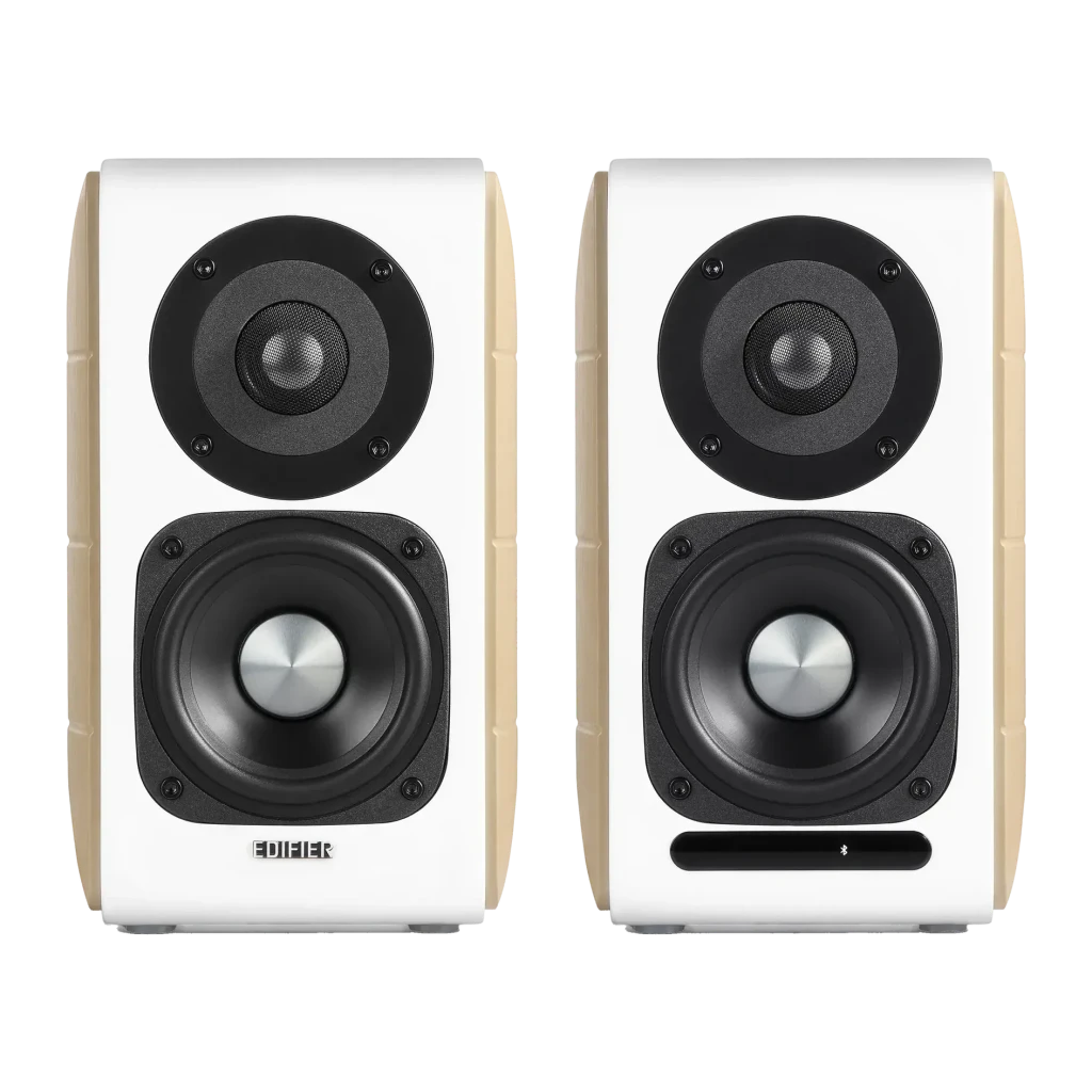 Enceintes bibliothèque Edifier 88W Bluetooth Blanc S880DB, vue de face: paire avec tweeter et woofer apparents