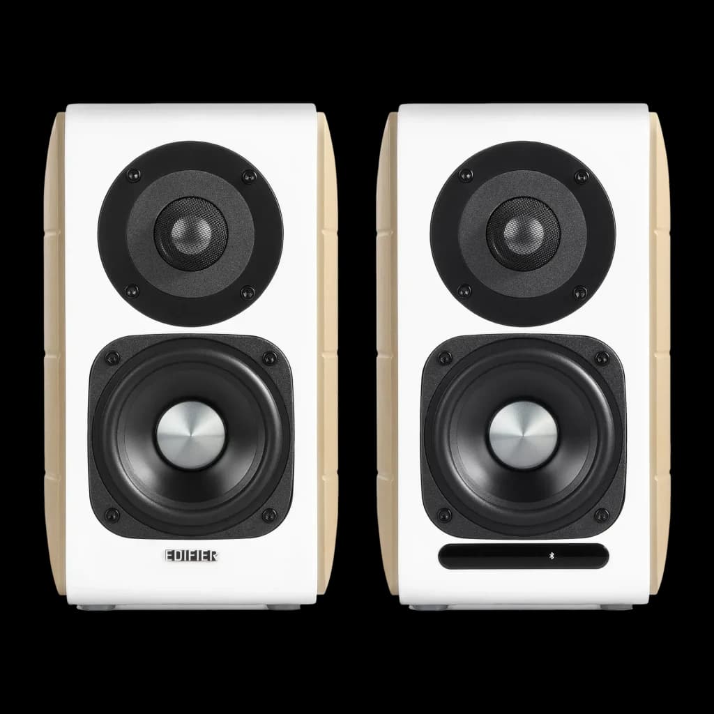 Enceintes bibliothèque Edifier 88W Bluetooth Blanc S880DB, vue de face: paire avec tweeter et woofer apparents