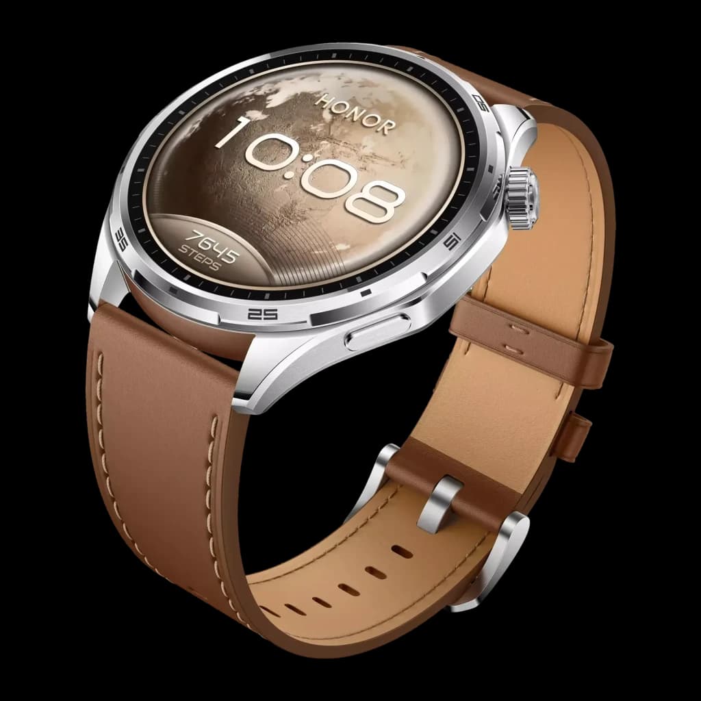 Honor Watch 6 Castanho GPS Integrado NFC Chamadas Bluetooth Bateria 35 Dias, vista frontal: caixa redonda prateada com hora
