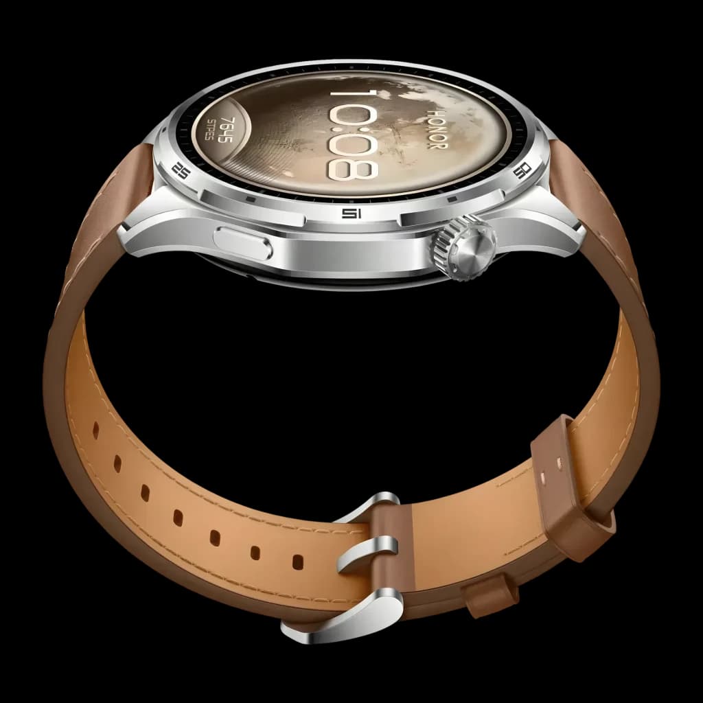 Honor Watch 6 Castanho GPS Integrado NFC Chamadas Bluetooth Bateria 35 Dias, detalhe: lateral com coroa, botões e bracelete