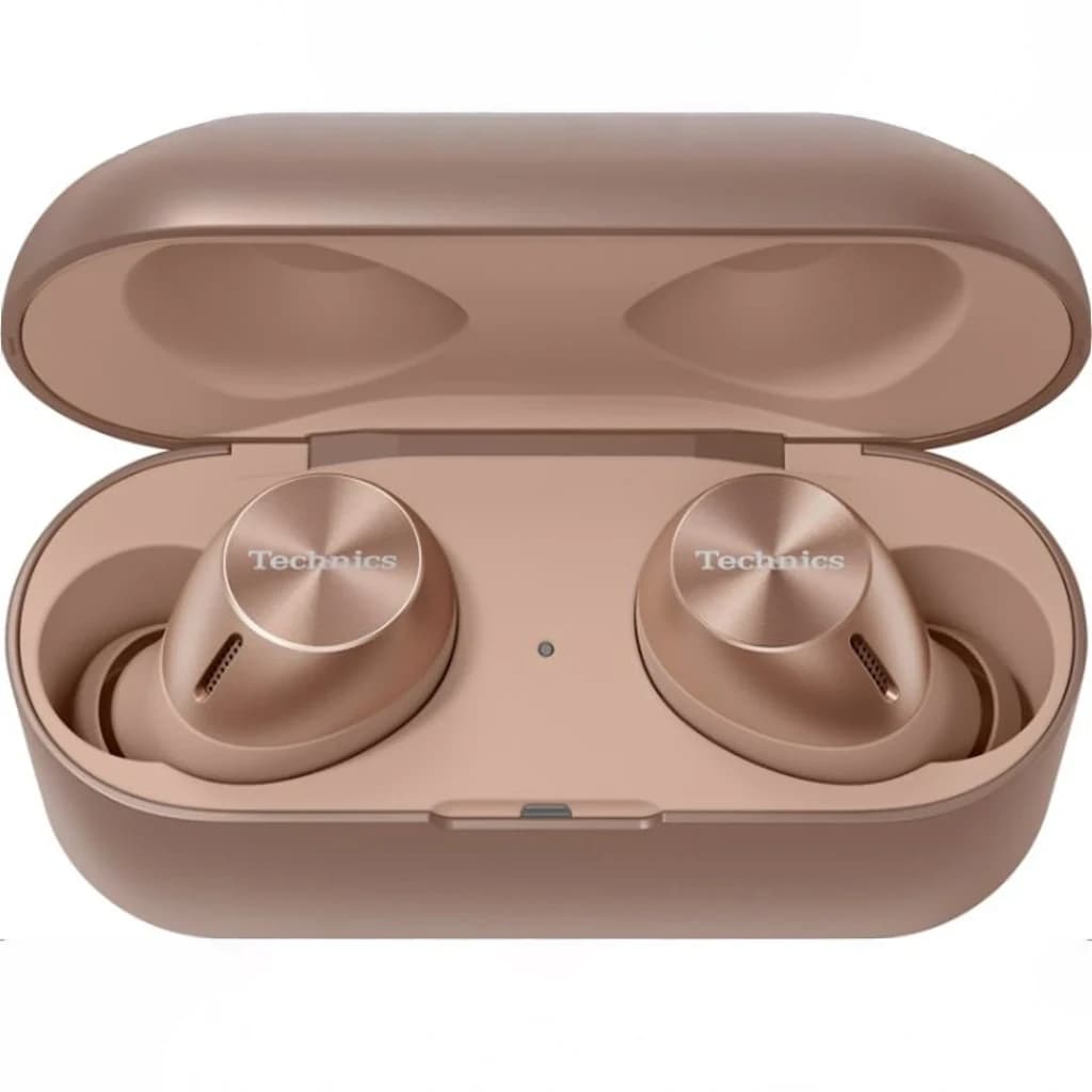 Auriculares true wireless Technics Cancelamento de Ruído TWS Bluetooth 5.3 Ouro Rosa EAH-AZ40M2, em uso: ambos earbuds