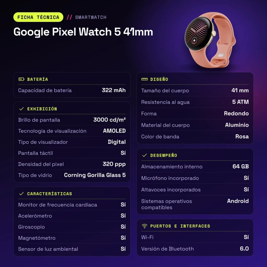 Google Pixel Watch 5 41mm Dorado NFC - características