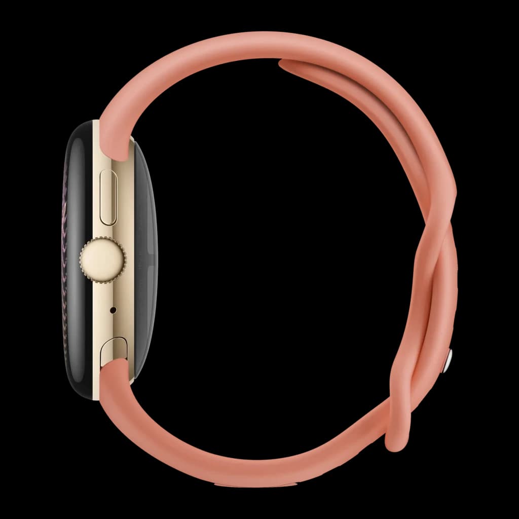 Google Pixel Watch 5 41mm Dorado NFC, vista lateral: caja dorada con corona y botones, correa rosa salmón