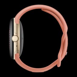 Google Pixel Watch 5 41mm Dorado NFC, vista lateral: caja dorada con corona y botones, correa rosa salmón