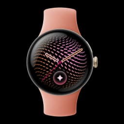 Google Pixel Watch 5 41mm Dorado NFC, vista frontal: esfera activa con patrón espiral multicolor y correa salmón