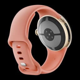 Google Pixel Watch 5 41mm Dorado NFC, vista trasera: caja dorada con sensores de salud y correa salmón