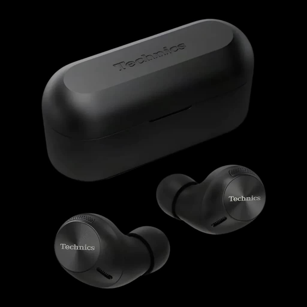 Écouteurs true wireless Technics Réduction de Bruit TWS Bluetooth Noir EAH-AZ40M2, vue de face: deux écouteurs et boîtier