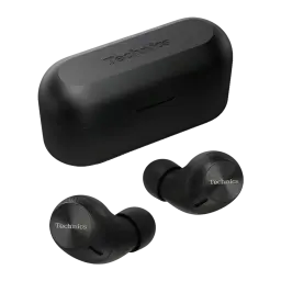 Écouteurs true wireless Technics Réduction de Bruit TWS Bluetooth Noir EAH-AZ40M2, vue de face: deux écouteurs et boîtier