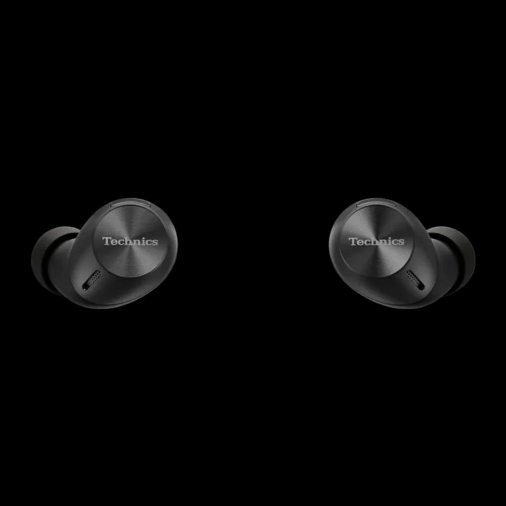 Écouteurs true wireless Technics Réduction de Bruit TWS Bluetooth Noir EAH-AZ40M2, vue de face: les deux écouteurs avec logo
