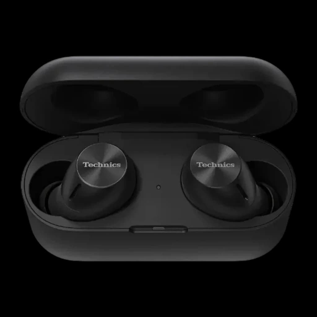 Écouteurs true wireless Technics Réduction de Bruit TWS Bluetooth Noir EAH-AZ40M2, vue dessus: boîtier ouvert avec les deux