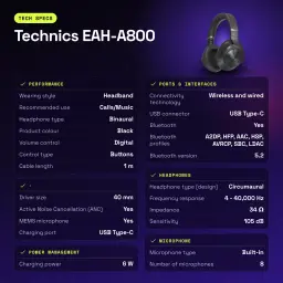 Auscultadores Technics Cancelamento de Ruído Headband Bluetooth 5.2 Preto EAH-A800 - características