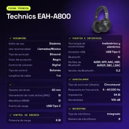 Auscultadores Technics Cancelamento de Ruído Headband Bluetooth 5.2 Preto EAH-A800 - características