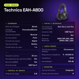 Auscultadores Technics Cancelamento de Ruído Headband Bluetooth 5.2 Preto EAH-A800 - características